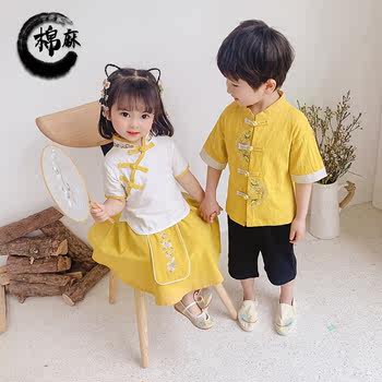 Hanfu boys and girls summer Chinese style cotton and linen suits baby master clothes summer girls ru skirt Tang suit performance clothes