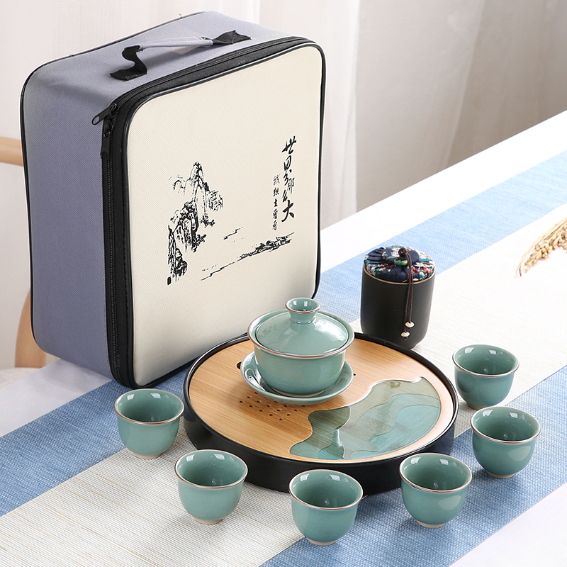 Sand embellish elder brother up with ceramic tea set household contracted Japanese office travel small round tray is suing portable package