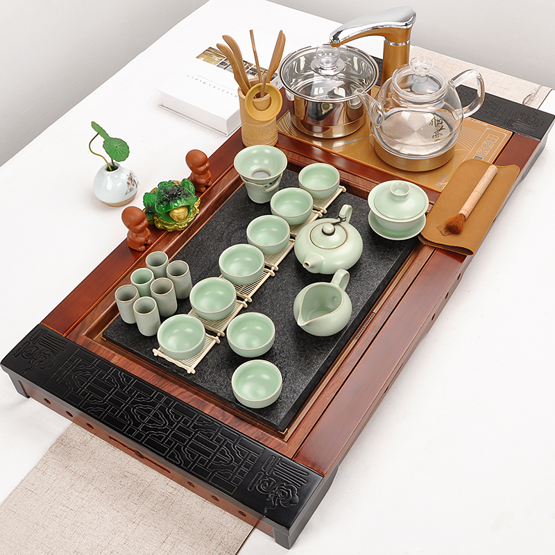 Sand run automatic tea set home health POTS, glass kung fu tea set contracted solid wood tea tray of tea