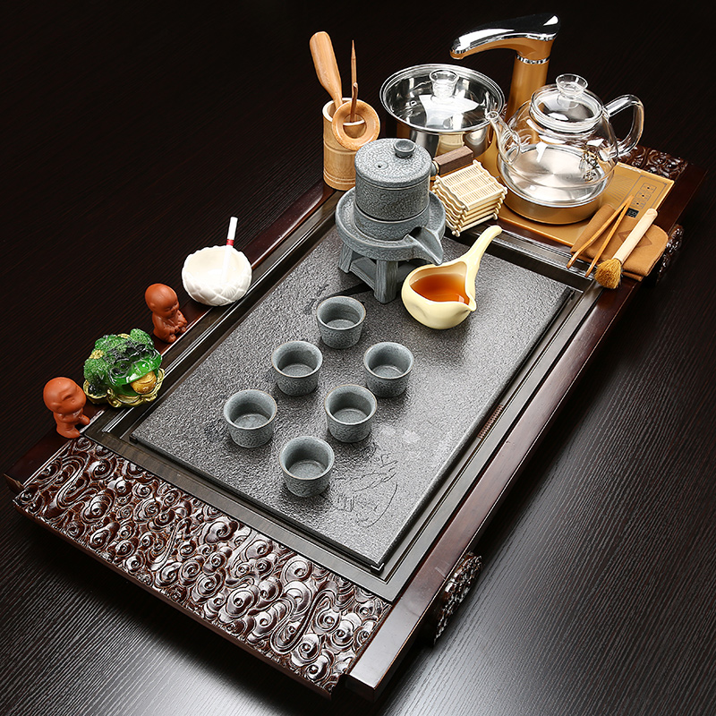 Sand embellish sharply stone of a complete set of tea service suit household kung fu tea with solid wood tea tray glass teapot tea cup