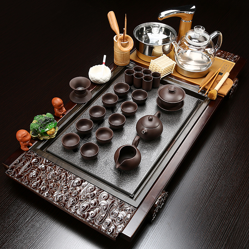 Sand embellish sharply stone of a complete set of tea service suit household kung fu tea with solid wood tea tray glass teapot tea cup