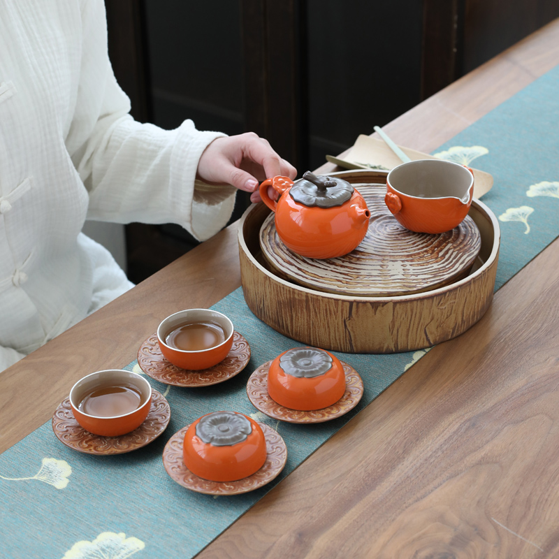 Poly real (sheng persimmon persimmon tea set suit household ceramics by hand is the best holiday gift box of the teapot teacup set of kung fu