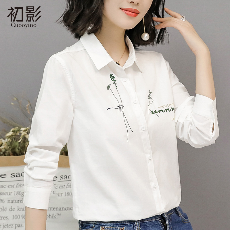 White shirt woman long sleeve fall new loose and thin art temperament fresh Korean version pure cotton embroidered floral shirt