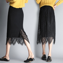 Knitted skirt Womens mid-length lace sweater base skirt High waist two sides wear slim-fit hip split one-step skirt