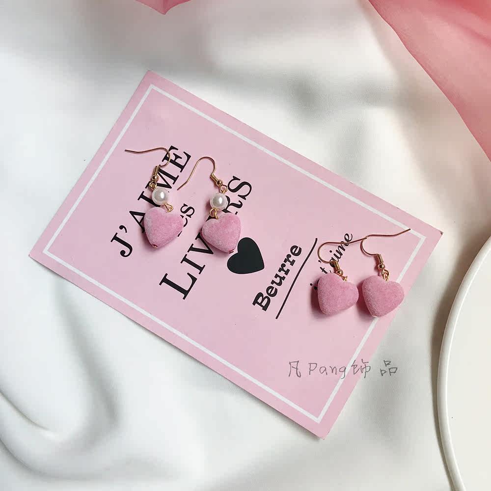 凡pang粉色少女心耳饰日系软妹子爱心粉心气质925银耳钉耳夹学生