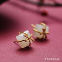 2020 new original 925 pure silver plated 18k gold ear nail female natural and field jade square sugar butterfly knot earring earrings