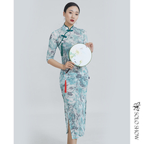 Magnificent Solo Show Improved Qipao 2021 New Womens Spring Temperament Flocking Yarn Qipao Long Classical Belly Leather Dance Suit