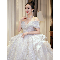 Wedding dress 2021 new bride temperament word shoulder V collar high end French heavy industry luxury palace wind big tailing winter