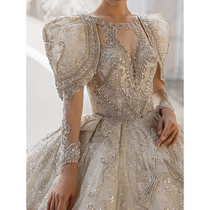 A shoulder wedding dress 2021 new bride temperament advanced sense French winter court style big tail minority design