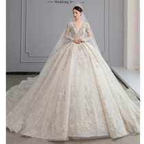 Main wedding dress 2021 new bridal temperament sexy deep V collar French heavy industry luxury palace big tailing high