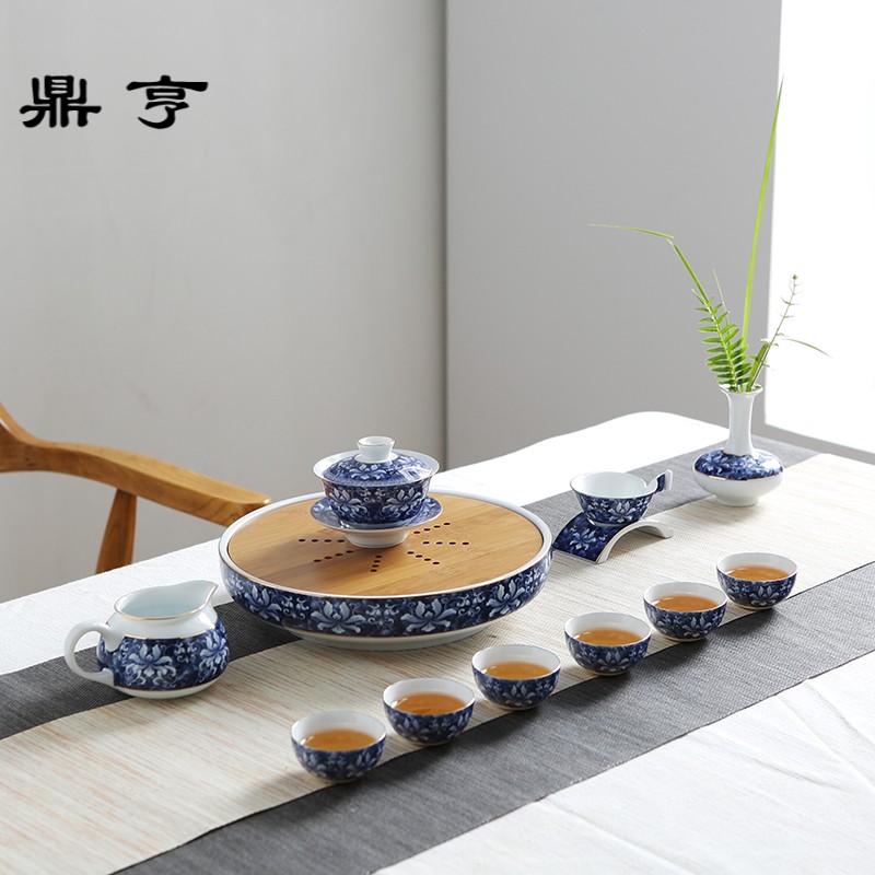 Ding heng kung fu tea set suit household jingdezhen water storage of a complete set of ceramic tea set ground blue and white porcelain tea POTS