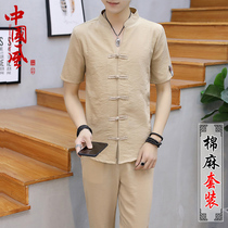 The new Chinese wind Buddha men's short-sleeved T-shirt handsome cotton sleeve suit on linen clothes in summer 2022v