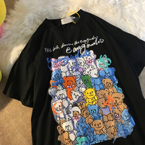 National tide ins anime cartoon bear graffiti printed T-shirt men and women 2021 spring and summer new vintage personality couple shirt