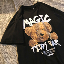 American retro national tide ins bear print short-sleeved T-shirt 2021 spring and summer men and women loose round neck pullover half-sleeved shirt