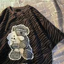 American retro bear pattern national tide design short-sleeved striped zebra print T-shirt couple 2021 early spring new