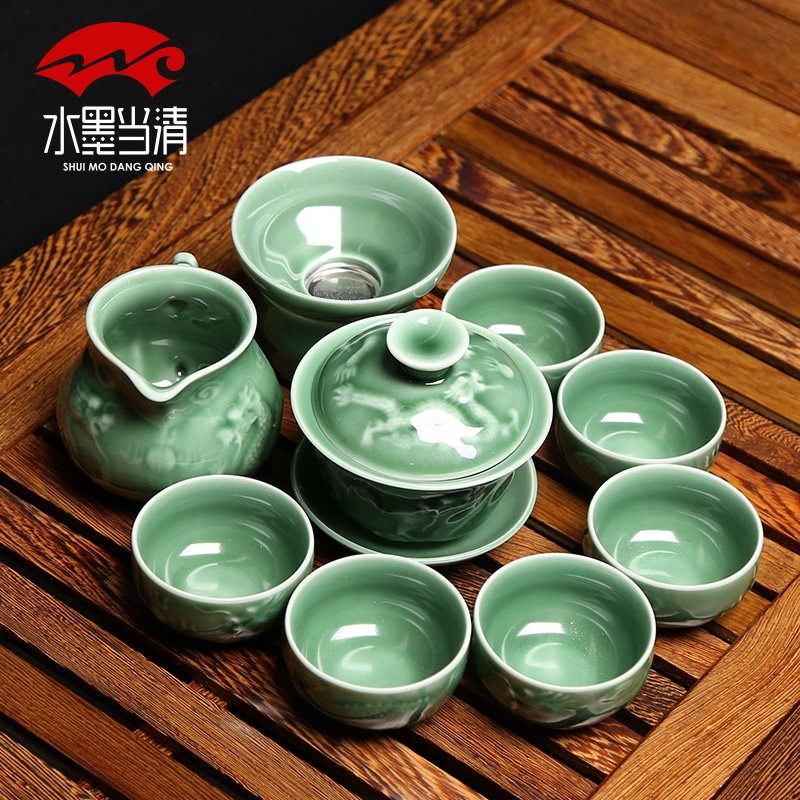 Kung fu tea sets 6 celadon anaglyph ssangyong 's creative ceramic cups tureen household contracted tea art move