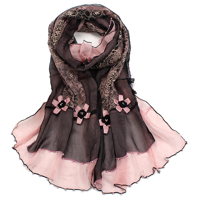 新款双层长款围巾女丝巾披肩两用韩版秋冬季高档真丝蕾丝百搭订珠_7折