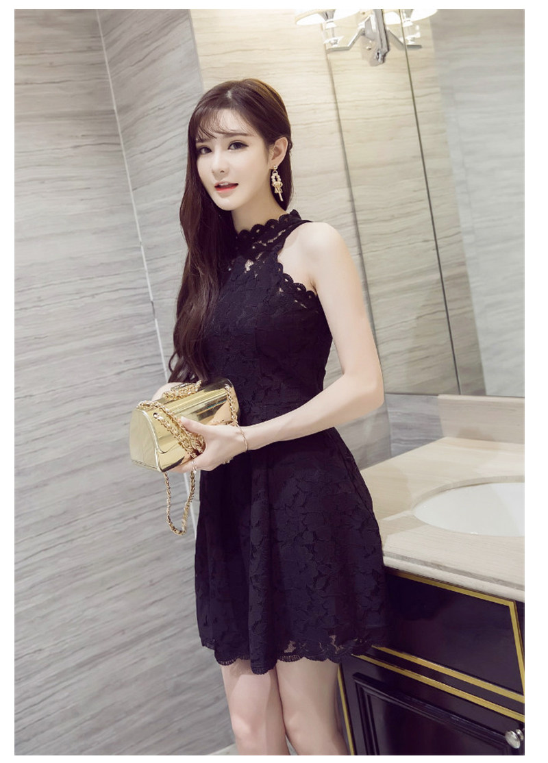 夜场无袖露肩气质蕾丝连衣裙女夏修身显瘦夜店女装性感挂脖a字裙