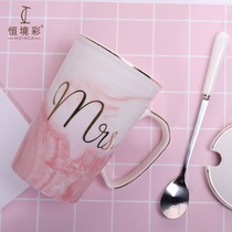 Couple mark water cup Home office female large capacity ins ceramic pair milk coffee cup with lid spoon