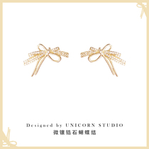 Exquisite micro-set zircon bow stud earrings retro French simple high-end earrings elegant temperament all-match earrings