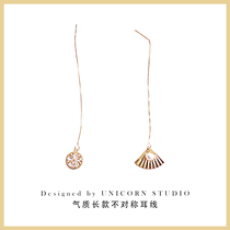 Temperament long section is thin asymmetric fan-shaped pearl ear line micro-inlaid zircon flower plate earrings simple cold wind earrings