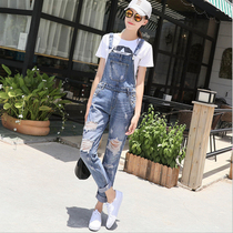 mularsa denim strap pants womens 2021 summer new age reduction Joker hole high waist nine points conjoined pants