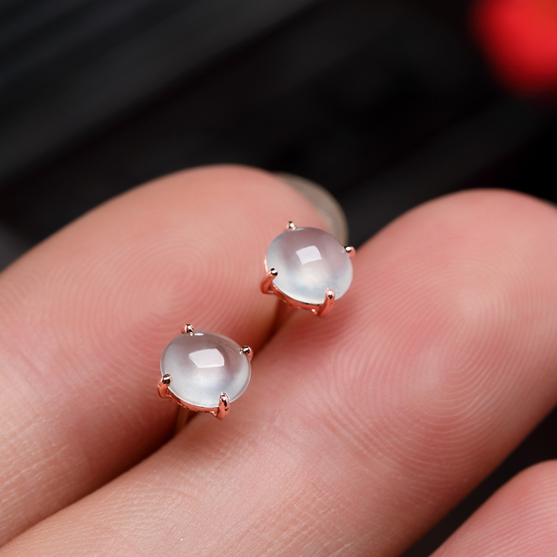 初源天然翡翠蛋面耳钉时尚简约玻璃种18k玫瑰金耳饰镶嵌耳环女款