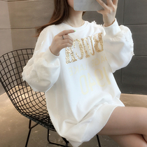 Long womens loose Korean version of foreign style lace stitching sequins letters Net red autumn clothes 2021 New Coat