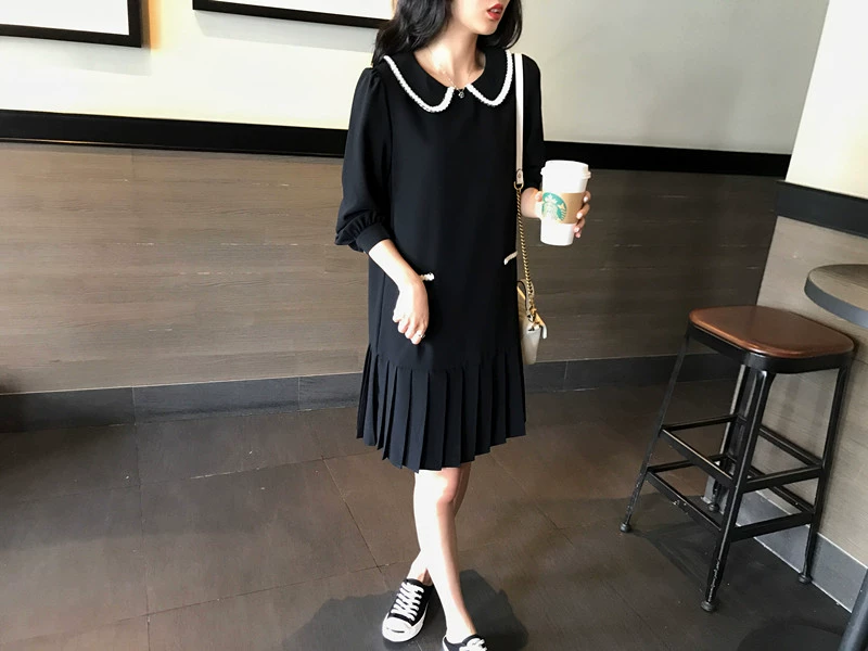 Mùa xuân và mùa thu năm 2021 thời trang lỏng lẻo cộng với kích thước của phụ nữ Pháp thời trang cổ điển retro giảm tuổi cho búp bê cổ áo xếp ly - váy đầm