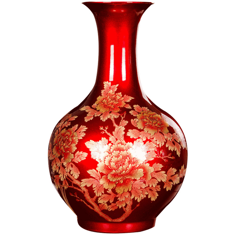 Jingdezhen ceramics red golden vase peony flower arrangement furnishing articles of modern Chinese style household living room TV cabinet decoration