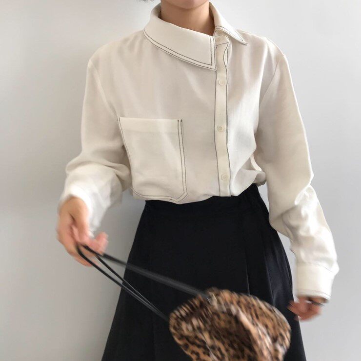 现货19新款 韩国chic单兜单排斜扣设计 抄显美感长袖衬衫-pakchoi-小