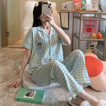 Short-sleeved trousers Pajama Girl Summer Thin Pure Cotton New Blue and White Grid in 2022 About Two Suits in Summer
