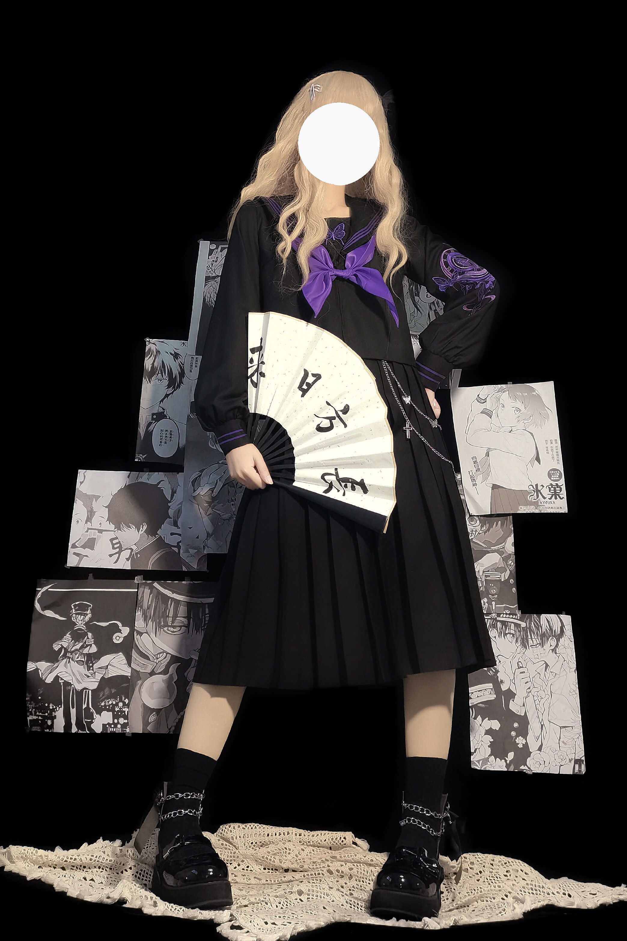 猫圆圆原创重工刺绣夏服正统不良jk制服黑紫