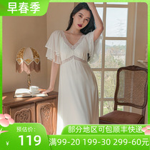 Summer with chest cushion new sleeping dress female Modell French style sweet horn sleeve pyjamas long style palace windy home clothes