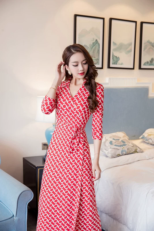 2021 phiên bản mới của Hàn Quốc của mùa hè váy xẻ cổ chữ V tính khí mỏng mảnh mai quấn váy hoa váy dài quần áo phụ nữ - Váy dài