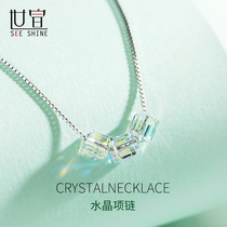 Simple Rubiks Cube Crystal 925 Sterling Silver Necklace Girls Tide Mori Korean Personality choker Anti-allergy Pendant