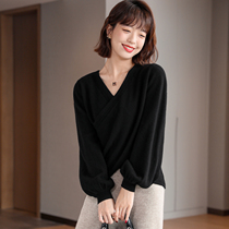FENPERATE black V-neck sweater women 2022 autumn and winter vintage design lantern sleeve cross-bottomed sweater