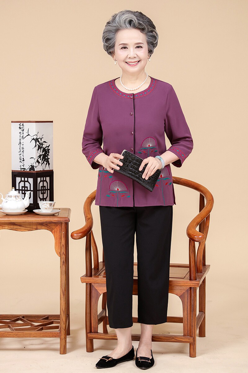 母亲节礼物奶奶衣服夏装70-80岁女 长袖老人夏季套装中老年妈妈装