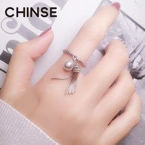 S925 sterling silver retro tassel ball with Bell pendant index finger ring female Korean woven twist Thai silver opening
