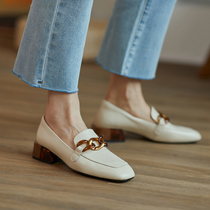 ins original design method style wearing lap retro square head lefu shoes women genuine leather transparent crystal with coarse heel single shoes