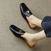 (Hanging shop) Half slippers ~ new genuine leather retro gold buckle Baotou Flat bottom sandal women outwear Mueller shoes
