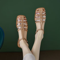 Pendant Original ~ Small Crowddesign Genuine Leather Baotou Woven T Type Cingulum Sandal Womens Square Head Flat Roman Shoes