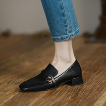 ins giant comfy ~ can step on heel genuine leather square head One foot pedal Lefoe shoes in thick heel single shoe sloth half slippers