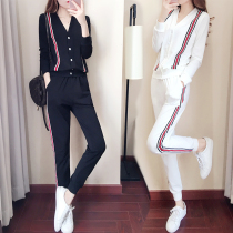 Casual Sports Suit Women's Spring Autumn 2022 New Korean Style Loose Looking Slim V-neck Running Clothing Two-piece Set