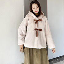 Haining 2021 autumn and winter new imitation leather grass coat womens short hooded cute ear lace-up rabbit coat