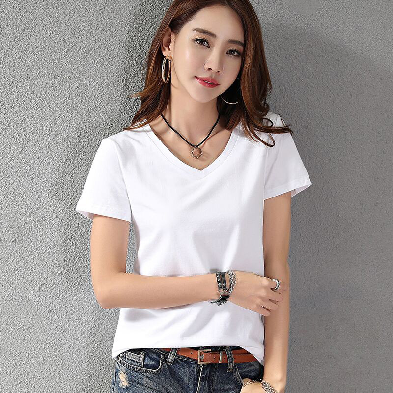 2件装 新款白色v领短袖t恤女宽松韩版百搭打底衫半袖体恤上衣服
