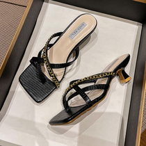 Open toe slippers womens summer wear fashion 2021 new summer womens mid-heel slippers Flip-flops tide