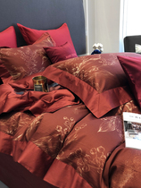 Light luxury 100 long - wool wedding room warm red linen suite of four - piece cotton wedding room