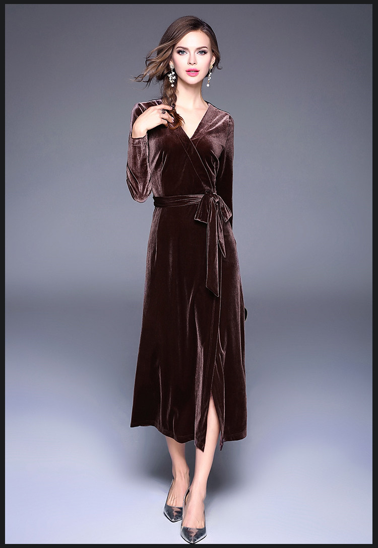实拍名媛v领丝绒中长裙修身七分袖纯色金丝绒连衣裙女 咖啡色 xl
