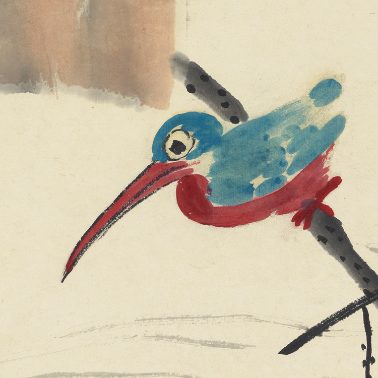 齐白石荷花翠鸟图卷轴仿古画复制品花鸟画名人字画玄关书房装饰画